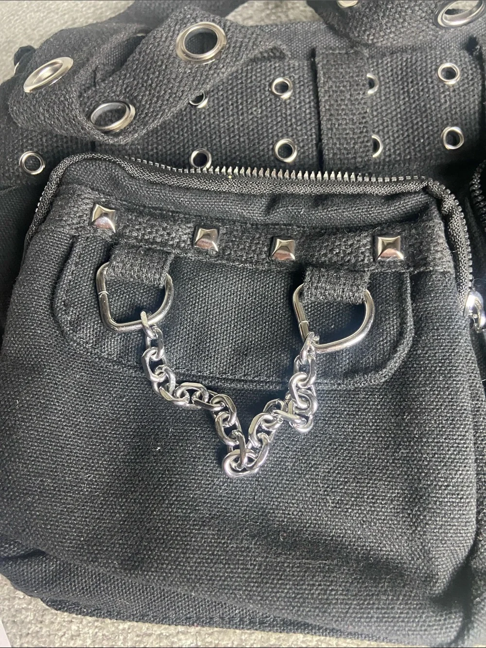 Black Canvas Grommet Belt Bag with Chain Accent